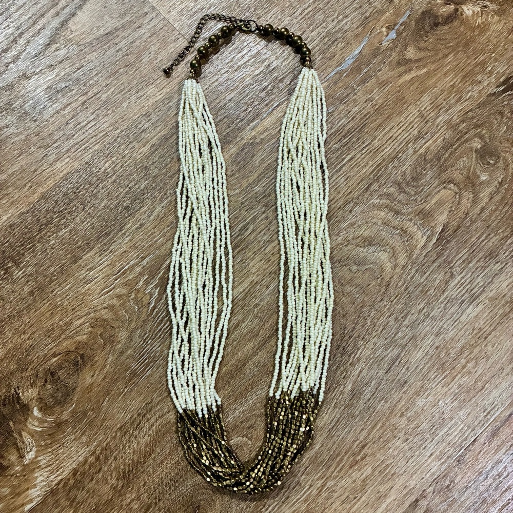 Multi-Strand White Glass Seed Beads and Brass Seed Bead Necklace 27” Boho Style